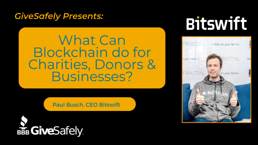 Cover art saying: What Can Blockchain do for Charities, Donors & Businesses? Paul Busch, CEO Bitswift